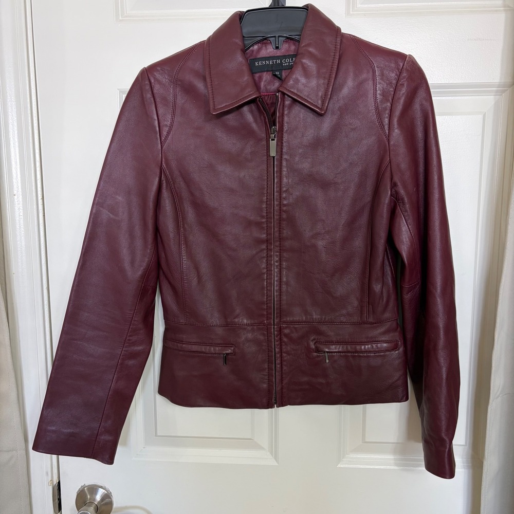 Kenneth Cole New York Womens Burgundy Leather Jacket Zip Front XS Wine Red